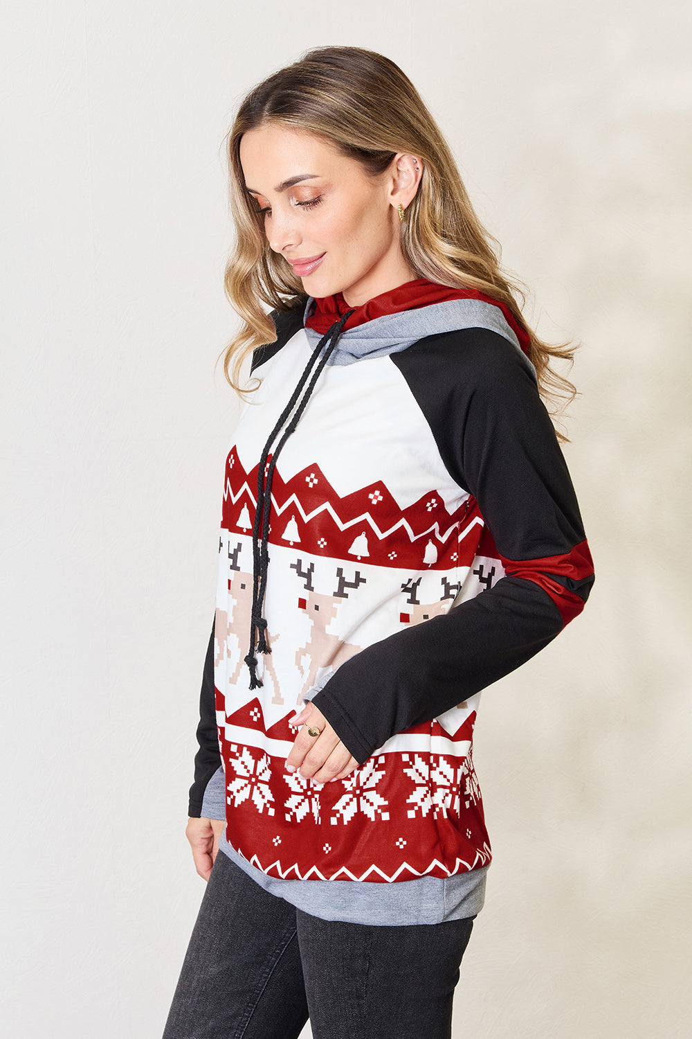 Double Take Full Size Christmas Drawstring Long Sleeve Hoodie Double Take Full Size Christmas Drawstring Long Sleeve Hoodie
